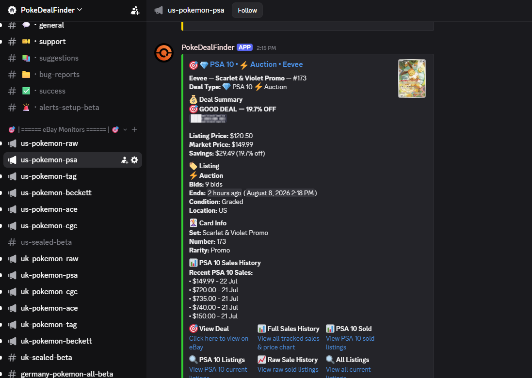 A PokeDeal Finder deal alert posted in a Discord channel