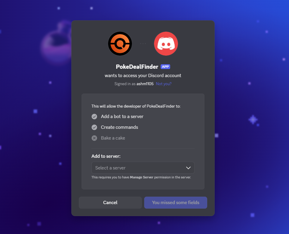 Discord's authorise screen showing the permissions PokeDeal Finder requests