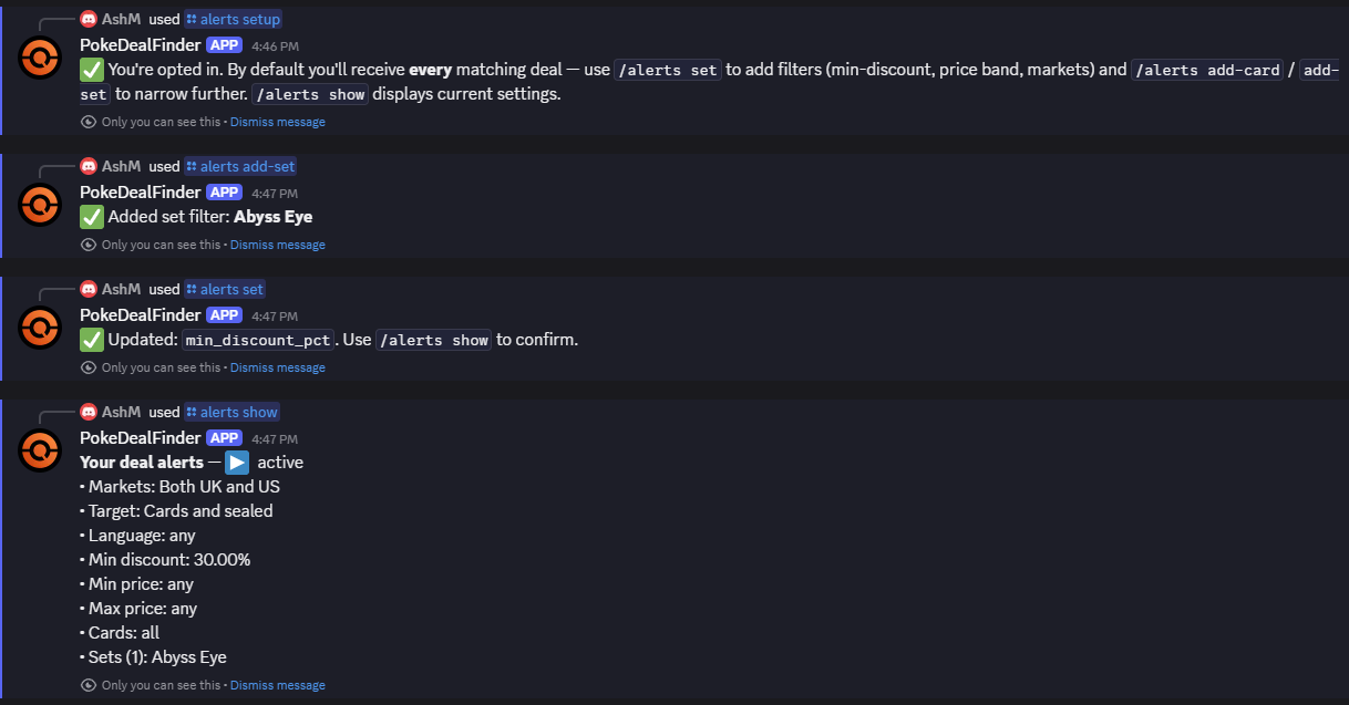 Running /alerts setup and /alerts set to configure personal DM alerts