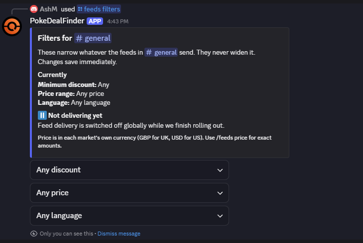 The /feeds filters panel with discount, price and language menus