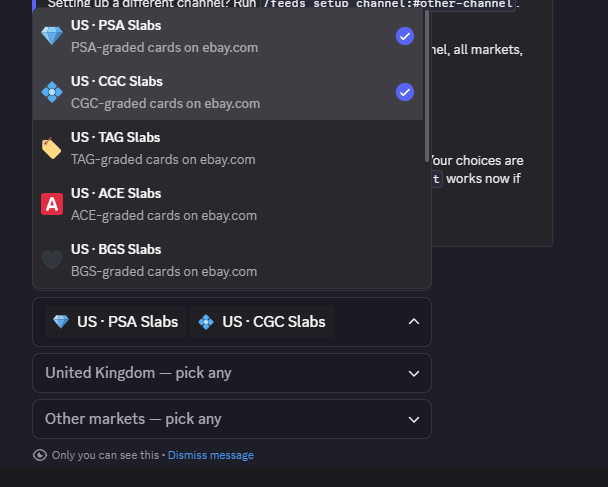 The /feeds setup menu with deal feeds grouped by market