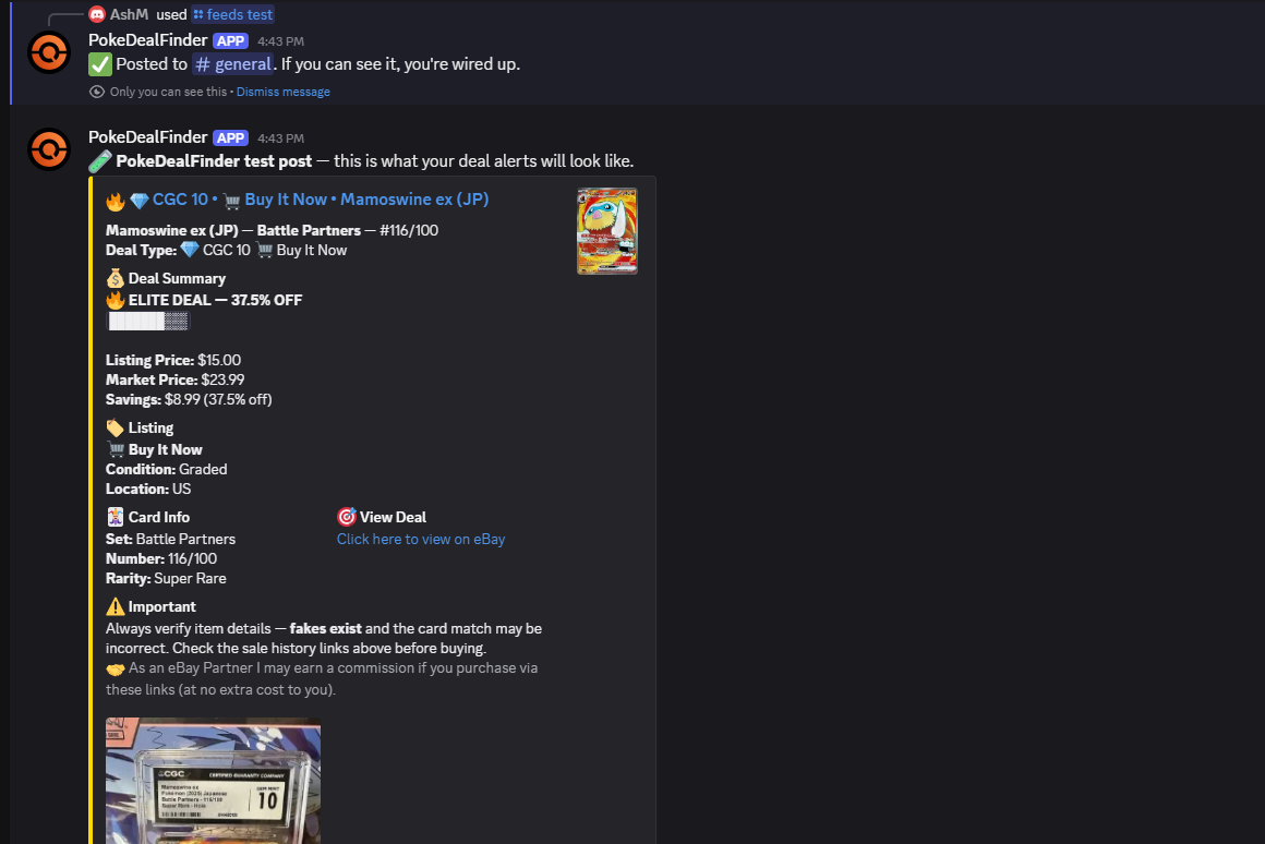 A sample deal posted by the /feeds test command
